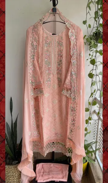 Pakistani Original Bin Saeed Luxury Chiffon stitched 3 Pcs _ Peachy Pink 